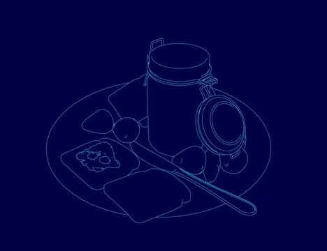 Blue drawing of a table with a spoon, and a piece of toast. The jar is filled Stock Illustration