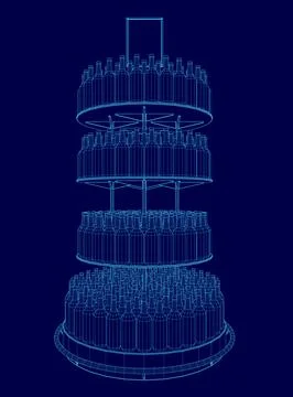 Blue drawing of a tall stack of wine bottles. The image is of a tall stack of Stock Illustration