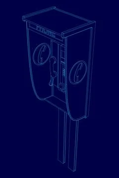 Blue drawing of a telephone booth. The booth is made of wood and has a blue Stock Illustration