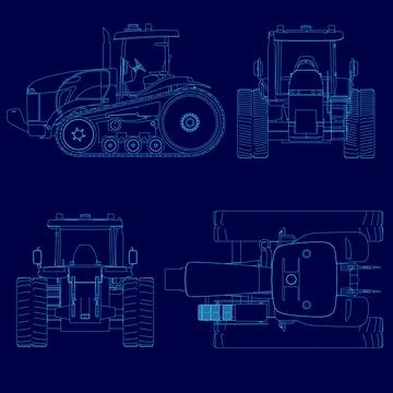Blue drawing of a tractor with a blue drawing of the back of the tractor Stock Illustration