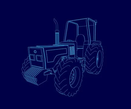 Blue drawing of a tractor with a cab and a engine. The tractor is shown in a Illustrazione stock