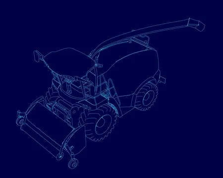 Blue drawing of a tractor with a large grain silo on top. The tractor is shown Stock Illustration