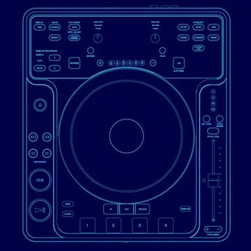 Blue drawing of a turntable with buttons and knobs. The turntable is a DJ Stock Illustration