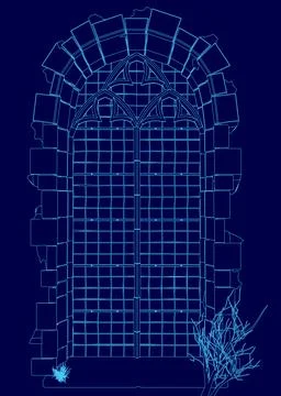 Blue drawing of a window with a black frame. The window is open and has a plant Ilustración de archivo