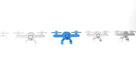 Blue Drone flying icon isolated on white background. Quadrocopter with vide.. Stock Illustration