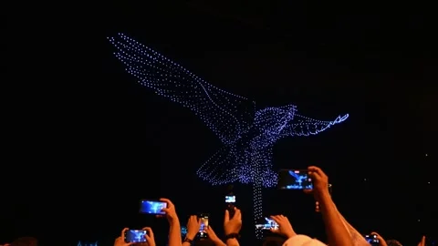 Blue Drone Light Show Forming a Giant Eagle in the Night Sky Stock Footage 343626297
