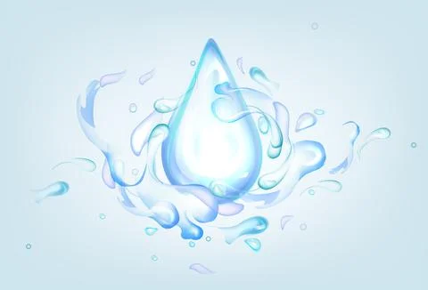Blue drop with water splashes in realistic style Stock Illustration