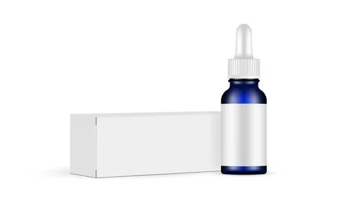 Blue Dropper Bottle With Blank Label and  Horizontal Packaging Box Mockup Stock Illustration