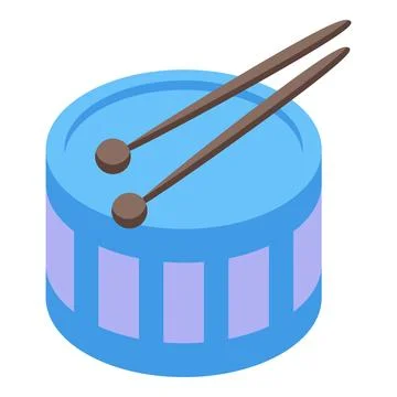 Blue drum with drumsticks lying on top isometric view Stock Illustration