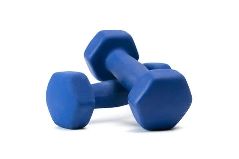 Blue dumbbells weights use for exercise or fitness Isolated on white backgrou Stock Photos