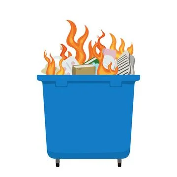 Blue dumpster burning with flames and garbage inside Illustrazione stock