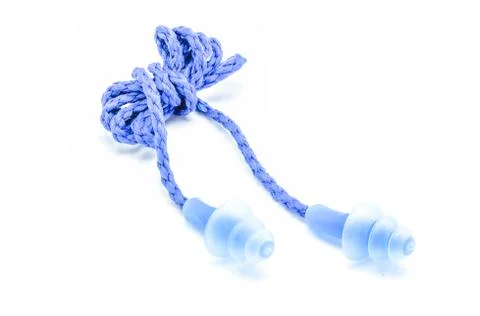 Blue earplugs with a string on white background. Stock Photos