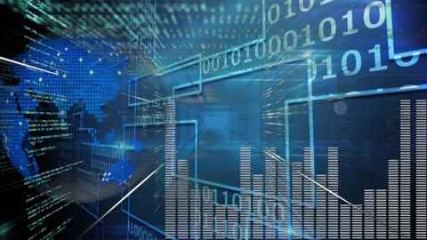 Blue earth bitmap, binary codes, and fluctuating bar graph displayed. Stock Footage 328255027