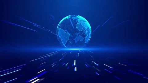 Blue Earth data highway visual globe, fast perspective lines, particle trails, d Stock Footage 340568015