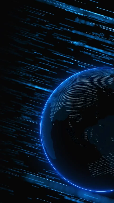 Blue Earth data stream digital globe on right side, fast moving light streaks, d Stock Footage 340569945