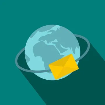 Blue Earth with envelope icon, flat style Stock Illustration