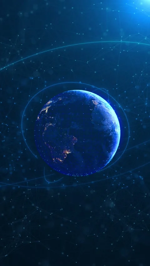 Blue Earth global network background glowing orbit lines, connected nodes, and d Stock Footage 340556300