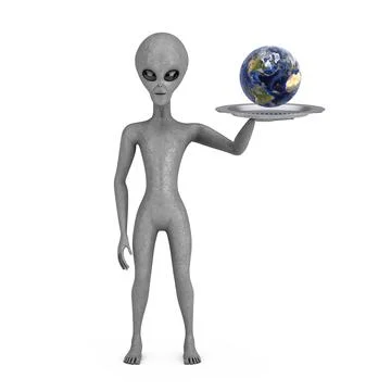 Blue Earth Globe Planet over Scary Gray Humanoid Alien Hand with Tray. 3d Ren Ilustração Stock