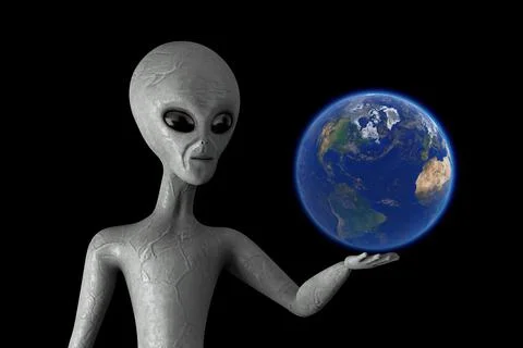 Blue Earth Globe Planet over Scary Gray Humanoid Alien Hand. 3d Rendering Ilustração Stock