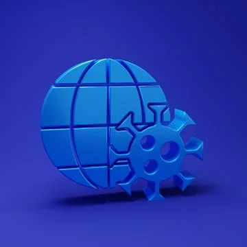 Blue Earth globe with virus icon isolated on blue background. Corona virus .. Illustrazione stock