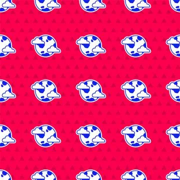 Blue Earth planet with clouds icon isolated seamless pattern on red background Illustrazione stock