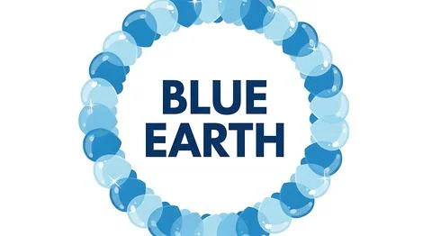 Blue earth text surrounded by circle of blue bubbles representing global en.. Stock Illustration