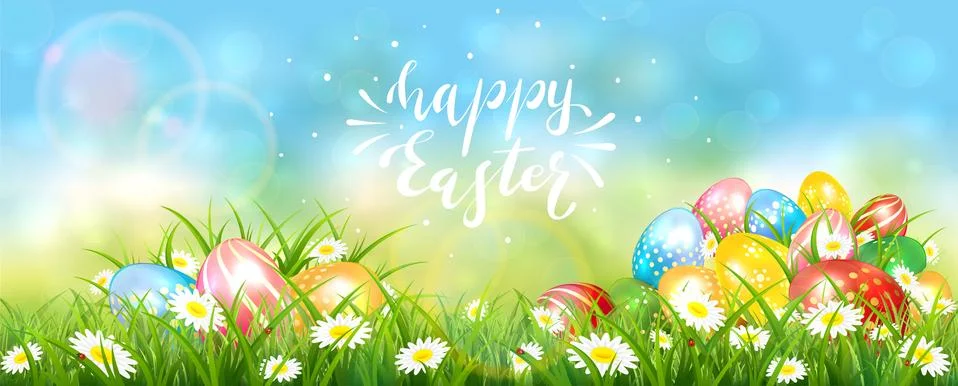 Blue Easter Background with Colorful Eggs Stock Illustration