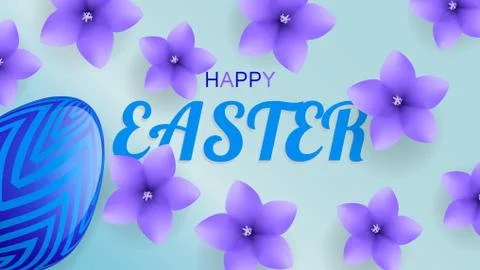 Blue Easter background with festively painted egg and flowers Stock Illustration