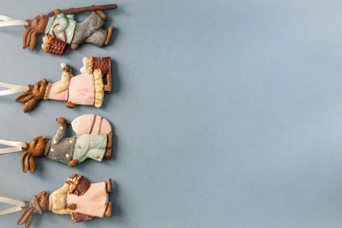 Blue Easter Background - Four Toy Hares with Gifts Stock Photos