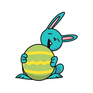 Blue easter bunny holding green easter egg flat vector illustration. Stock Illustration