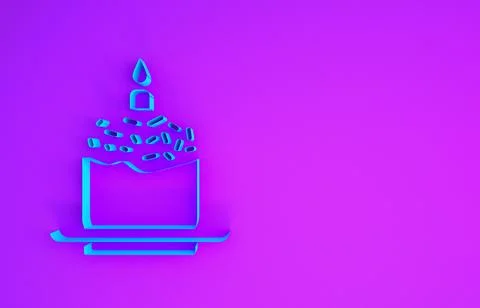 Blue Easter cake and candle icon isolated on purple background. Happy Easter. Illustrazione stock