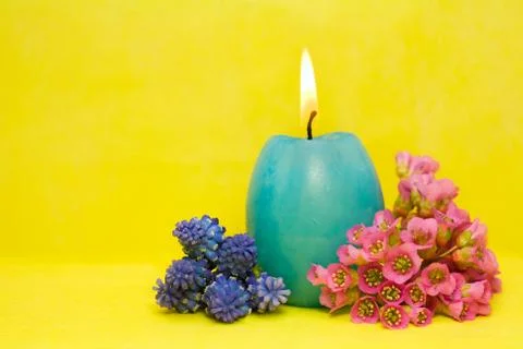 Blue easter cande with   flowers Stock Photos