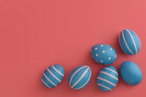 Blue Easter decorated eggs on a pink background. White stripes. Stock Photos