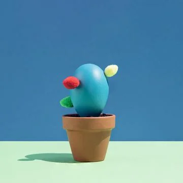 Blue Easter egg arranged like a potted cactus on a green and blue background 库存照片