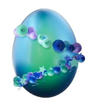 A blue Easter egg is decorated with colorful items in a cut-out style, isol.. Stock Photos