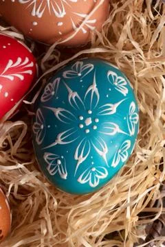 Blue Easter egg decorated with wax, top view Stock Photos