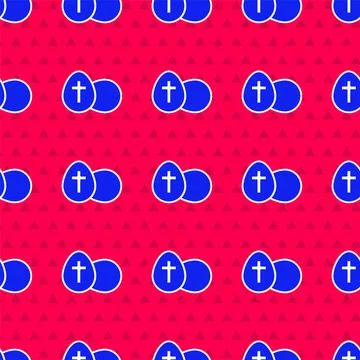 Blue Easter egg icon isolated seamless pattern on red background. Happy Easter 스톡 일러스트