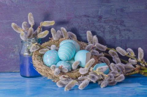 Blue Easter egg in the nest  and  branch of a willow Stock Photos