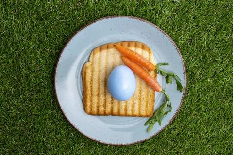 Blue Easter egg over a toasted bread in plate with baby Carrot.Top view Stock Photos