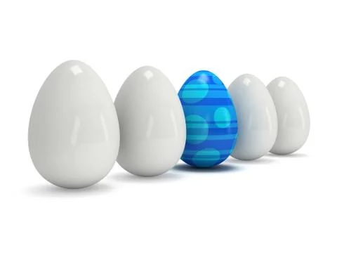 Blue easter egg in a row of the white eggs Illustrazione stock
