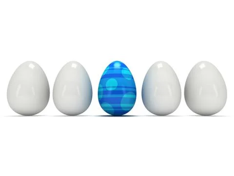 Blue easter egg in a row of the white eggs Stock Illustration
