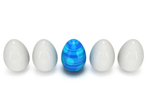 Blue easter egg in a row of the white eggs Stock Illustration