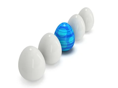 Blue easter egg in a row of the white eggs Illustrazione stock