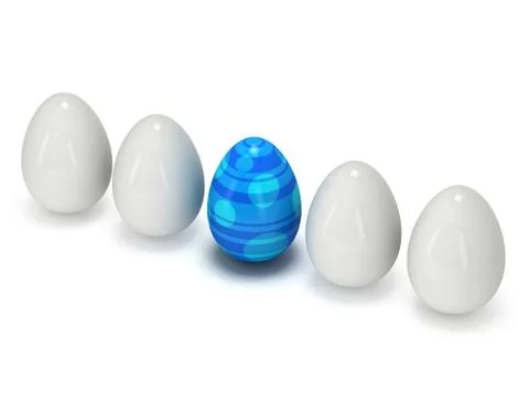 Blue easter egg in a row of the white eggs Stock Illustration