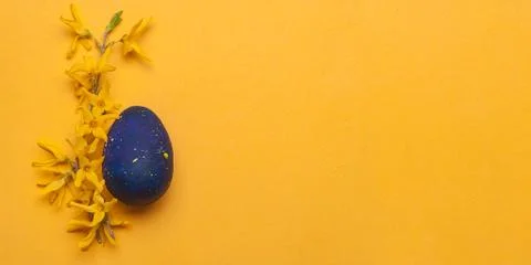 Blue easter egg with yellow flowers on a yellow background. Top view. Stock Photos