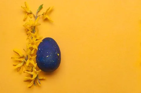 Blue easter egg with yellow flowers on a yellow background. Top view. Stock Photos