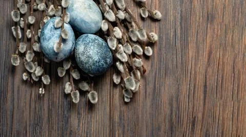 Blue Easter eggs and bouquet of willow flowers on rustic table wood. Naturall Stock Photos