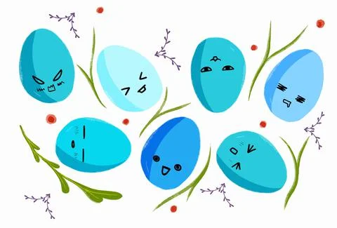 Blue easter eggs with anime style emotions with green branches. Stock Illustration