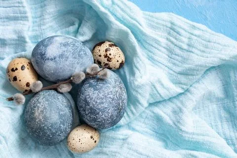 Blue Easter eggs on blue background. Naturally Eggs painted with hibiscus wit Stock Photos