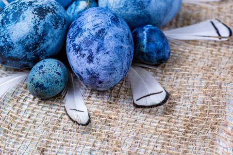 Blue Easter eggs on burlap with feather. Close-up, selective focus Foto stock